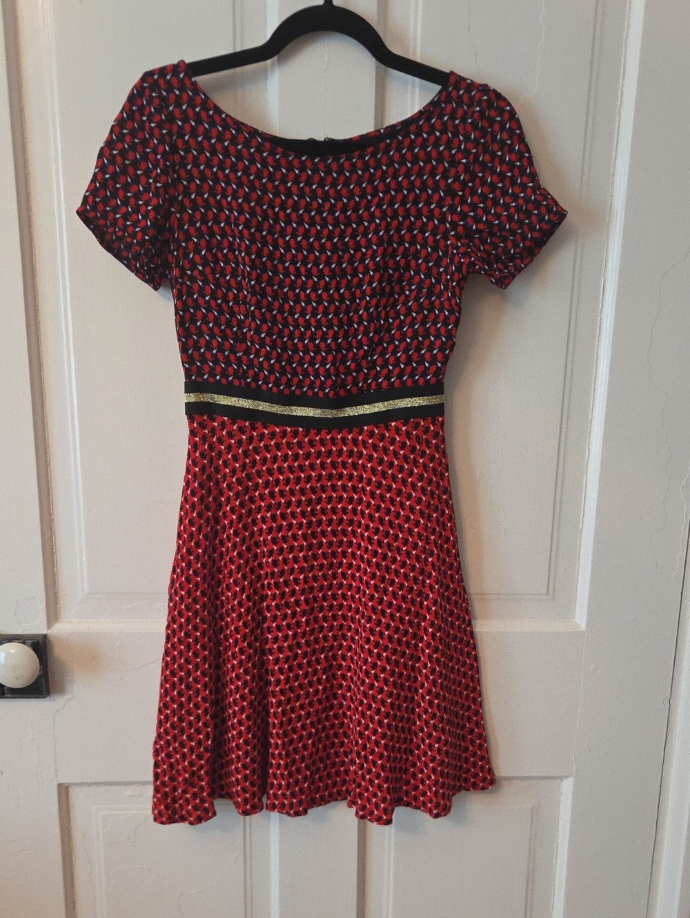 Maeve Red Patterned Short-Sleeve Fit & Flare Dress with Gold Trim